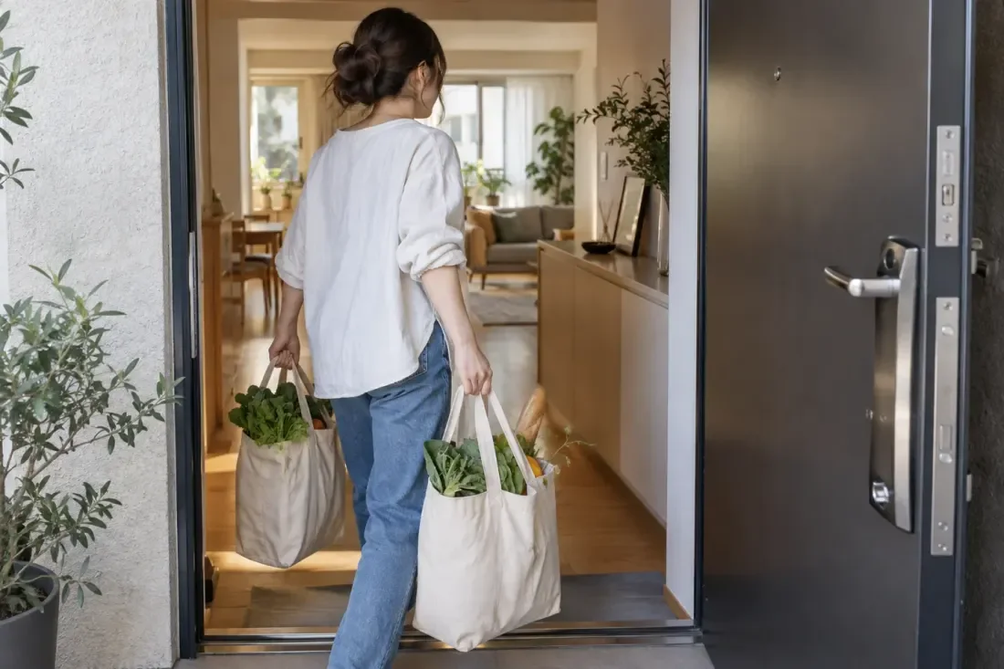 An imagined arrival at home: both hands carry groceries while the doorway is open