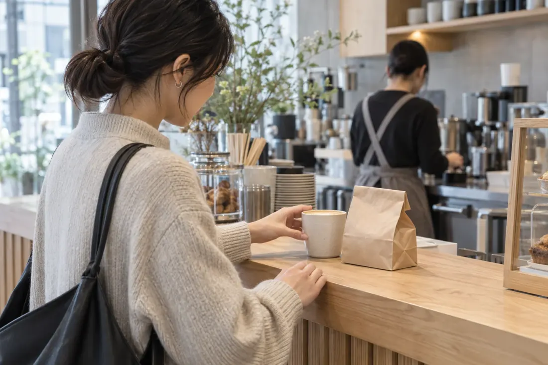 An imagined checkout moment: a customer deliberately choosing an order at a cafe counter
